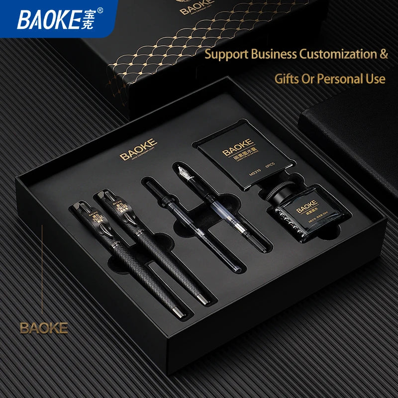 BAOKE T18/T19/T20 Black Grey Fountain Pen Gift Set, Includes Ink Bottle, 6 Cartridges, Exquisite Package, Smooth Writing Pens