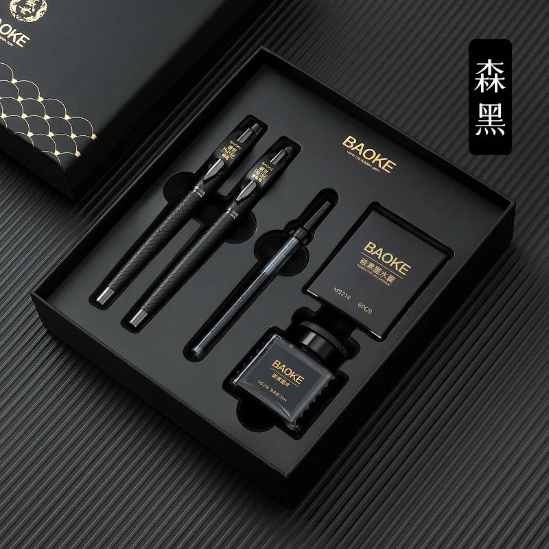 BAOKE T18/T19/T20 Black Grey Fountain Pen Gift Set, Includes Ink Bottle, 6 Cartridges, Exquisite Package, Smooth Writing Pens