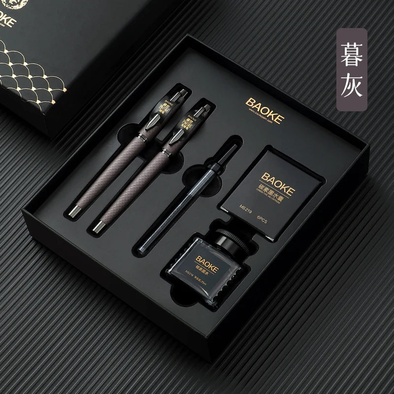 BAOKE T18/T19/T20 Black Grey Fountain Pen Gift Set, Includes Ink Bottle, 6 Cartridges, Exquisite Package, Smooth Writing Pens