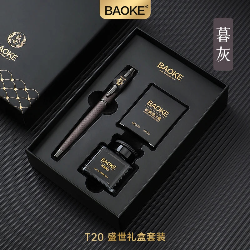BAOKE T18/T19/T20 Black Grey Fountain Pen Gift Set, Includes Ink Bottle, 6 Cartridges, Exquisite Package, Smooth Writing Pens