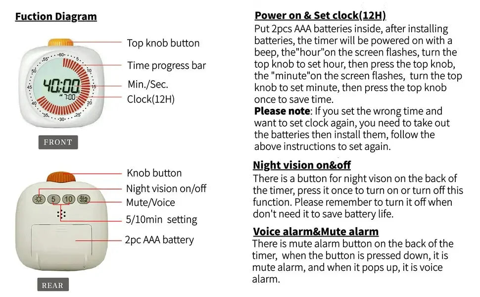 Digital Pomodoro Visual Timer Children Study Timer with Night Light,60-Minute Countdown Timer, Timer for studying Home&School