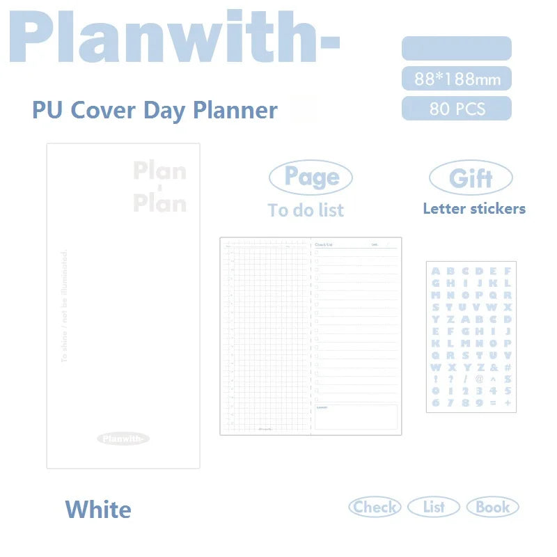 Planwith Kawaii Notebook Daily Planner Portable PU Soft Cover Agenda Working Time Plan Schedule Self Filled Date Learning