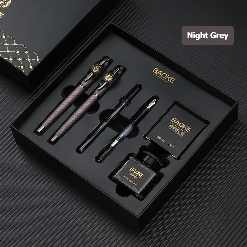 BAOKE T18/T19/T20 Black Grey Fountain Pen Gift Set, Includes Ink Bottle, 6 Cartridges, Exquisite Package, Smooth Writing Pens