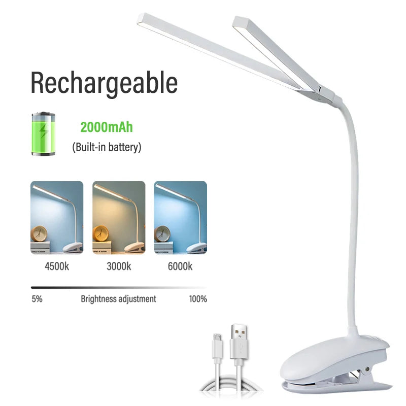 LED Double-headed Reading Table Lamp with Clip Touch Control Dimmable Light Eye Protection for Bedroom Dormitory Study Office