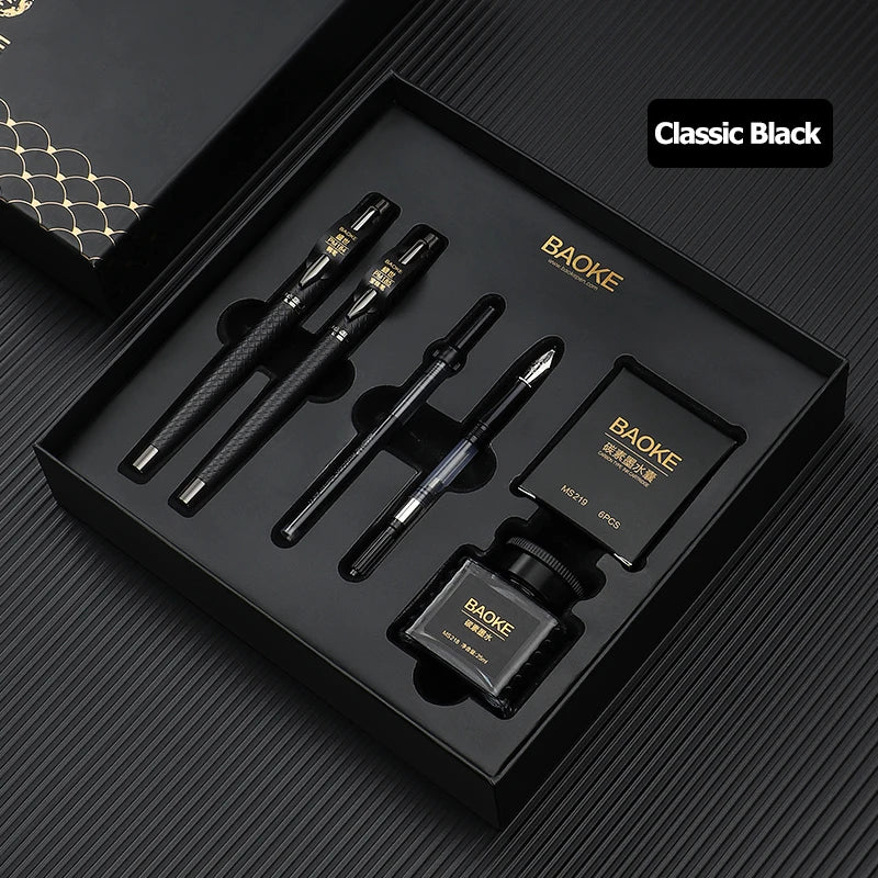BAOKE T18/T19/T20 Black Grey Fountain Pen Gift Set, Includes Ink Bottle, 6 Cartridges, Exquisite Package, Smooth Writing Pens