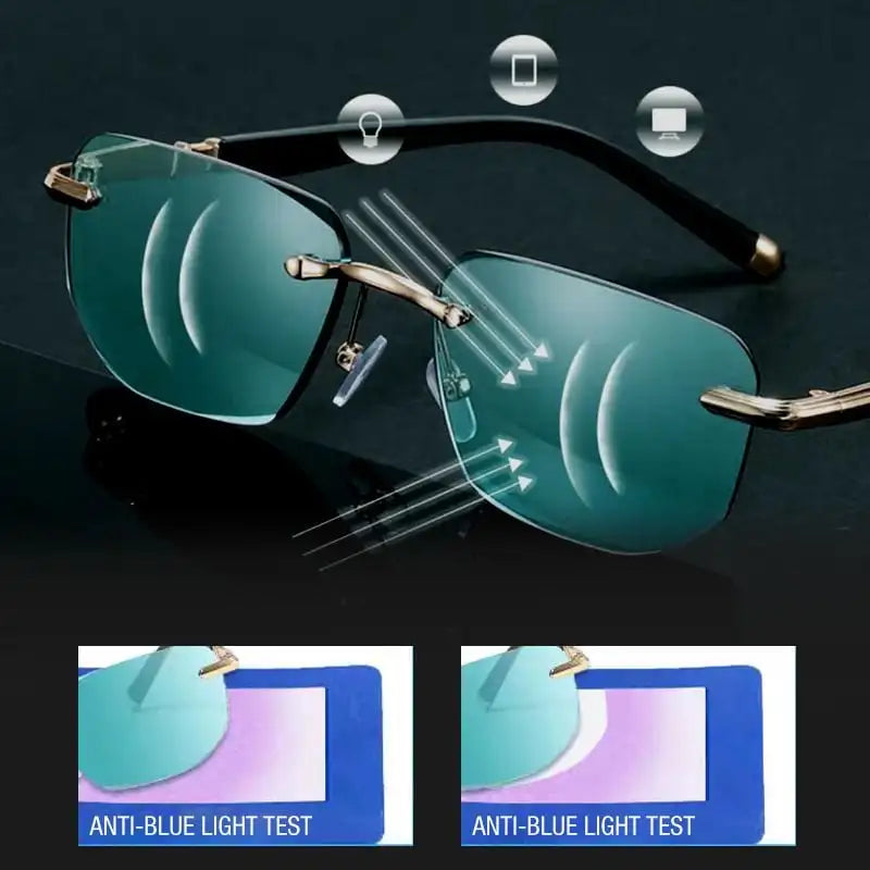 Óculos de leitura sem aro anti-luz azul, óculos filtrantes unissex para presbiopia, corte de diamante elegante, mulheres e homens
