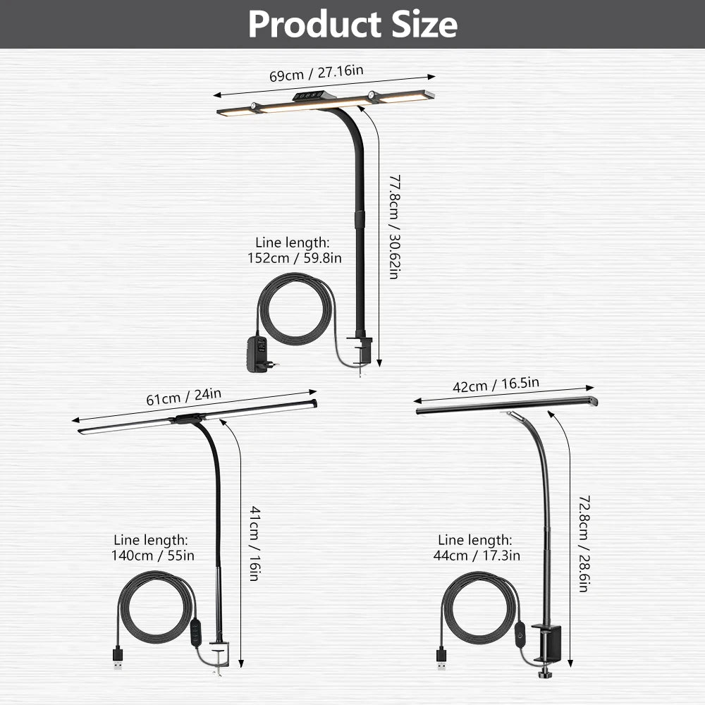 Home Office LED Desk Lamp Double Head Stepless Dimming Eye-Caring Reading Lights 3 Color Mode Flexible Adjustable PC Table Lamps