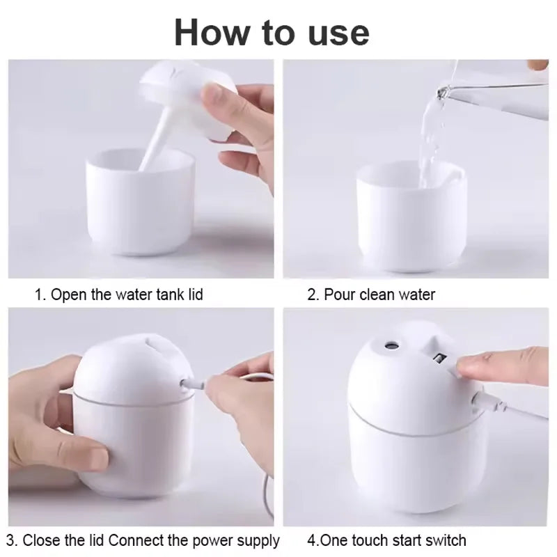 Humidifier USB 250ml Mute Humidifier Aromatherapy Desk Bedroom Desktop Portable Large Spray Car Purifier with LED Night