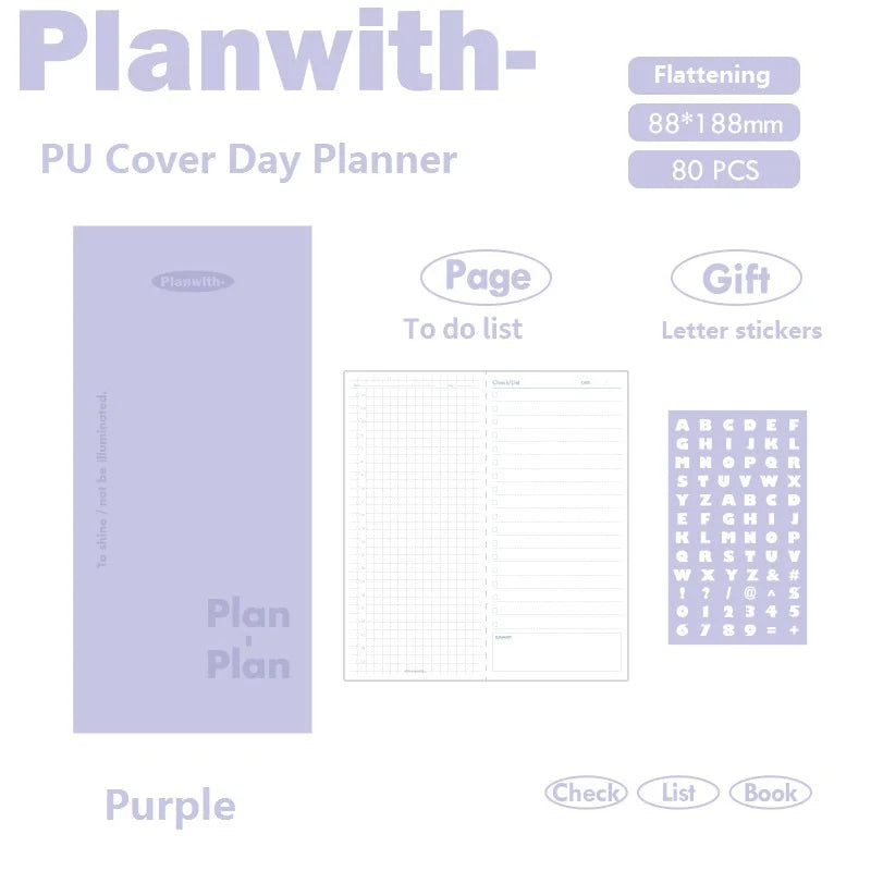 Planwith Kawaii Notebook Daily Planner Portable PU Soft Cover Agenda Working Time Plan Schedule Self Filled Date Learning