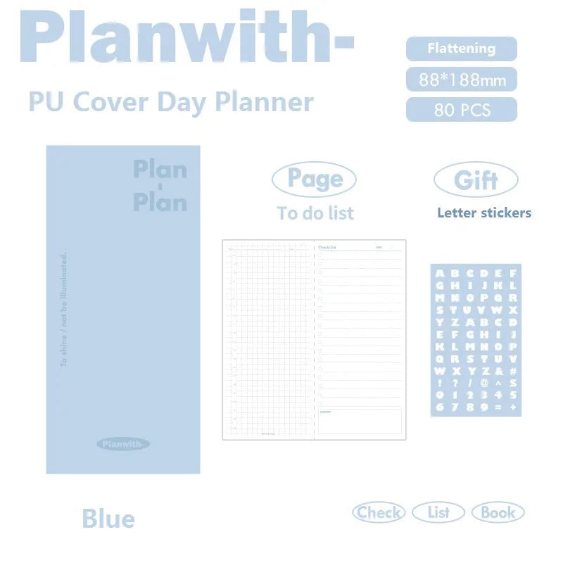 Planwith Kawaii Notebook Daily Planner Portable PU Soft Cover Agenda Working Time Plan Schedule Self Filled Date Learning