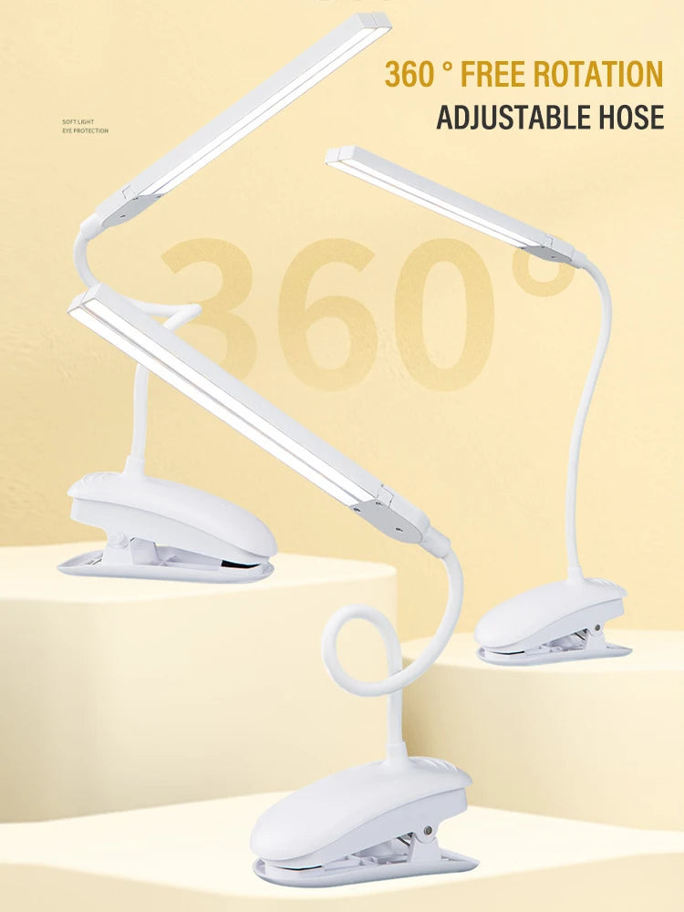 LED Double-headed Reading Table Lamp with Clip Touch Control Dimmable Light Eye Protection for Bedroom Dormitory Study Office