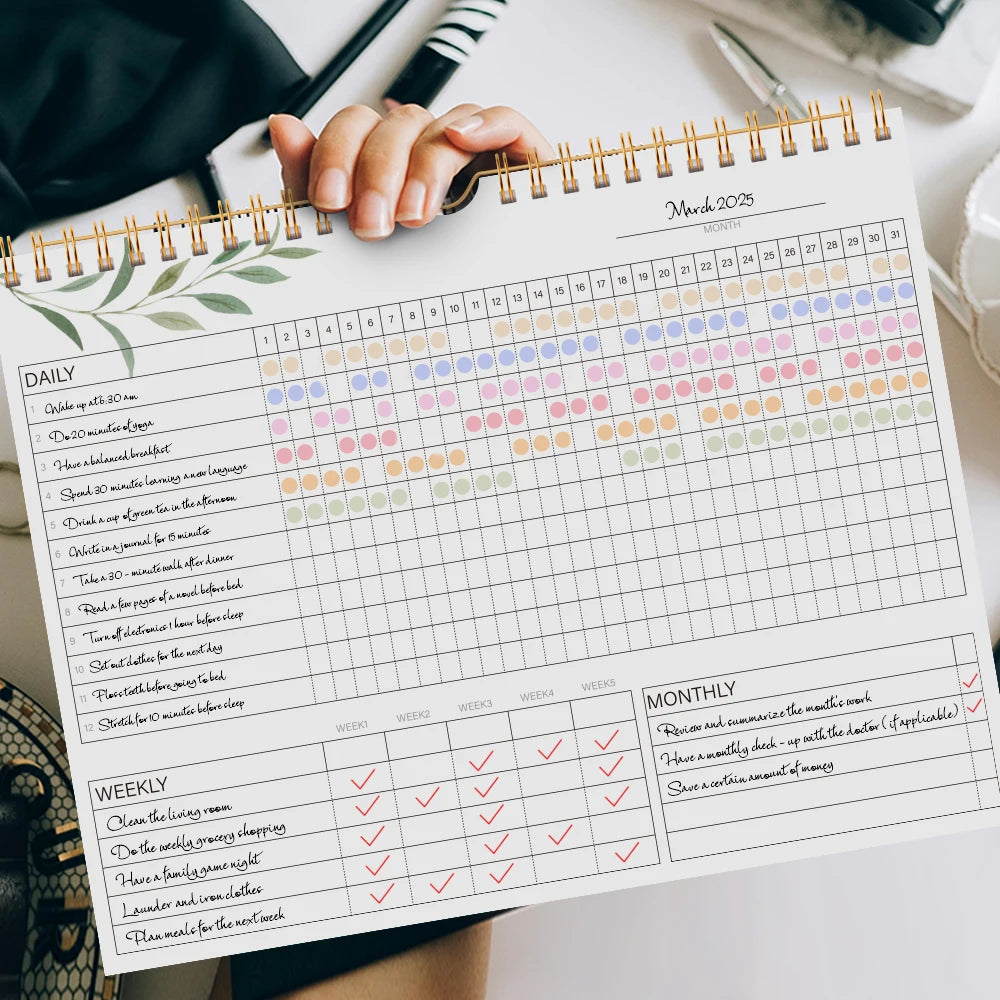 1Pc Habit Tracker: 12 Months Recordable, Undated Daily Weekly Monthly Habit Tracker Planner, Green Plant Design