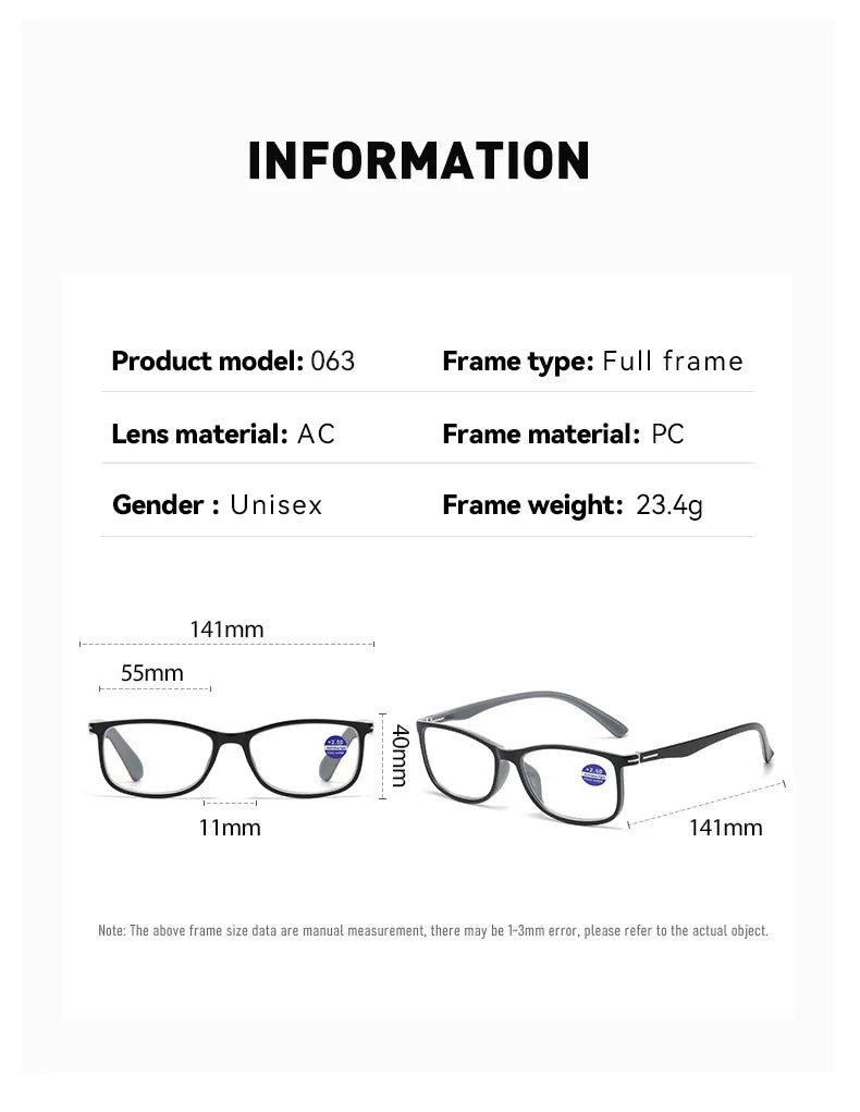 High Quality Square Reading Glasses Ultralight Unisex Anti Blue Light Vision Presbyopic Eyewear for Women Men Fashion Eyeglasses