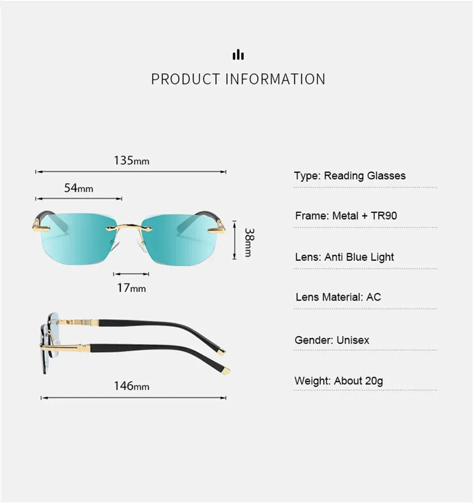 Óculos de leitura sem aro anti-luz azul, óculos filtrantes unissex para presbiopia, corte de diamante elegante, mulheres e homens