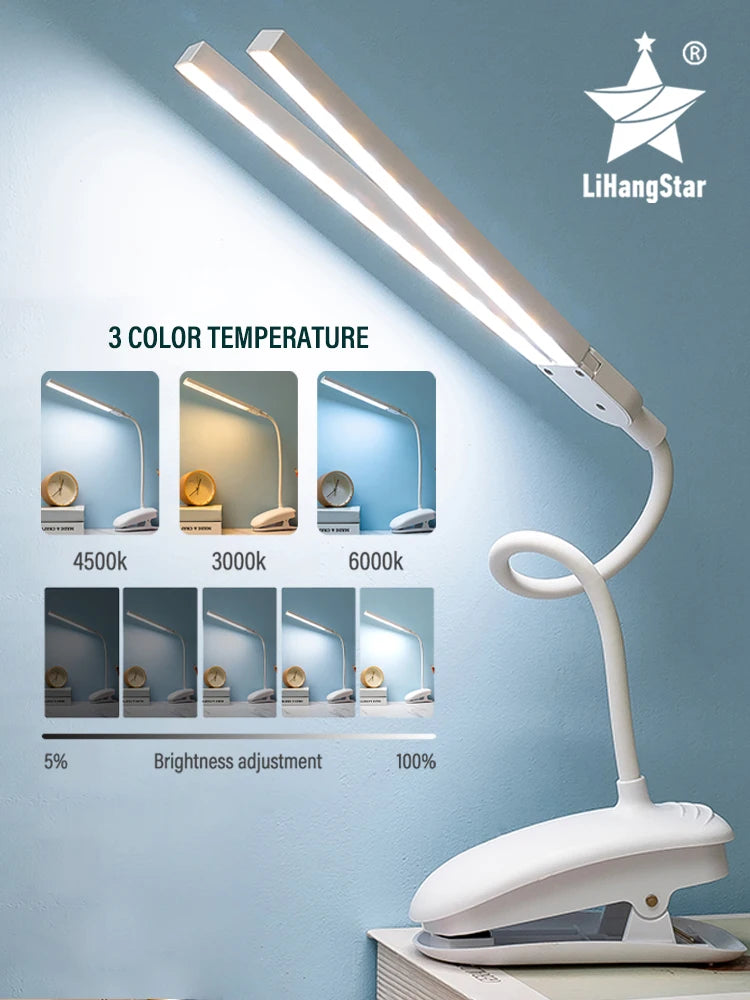 LED Double-headed Reading Table Lamp with Clip Touch Control Dimmable Light Eye Protection for Bedroom Dormitory Study Office