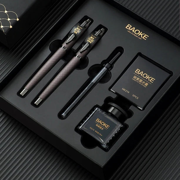 BAOKE T18/T19/T20 Black Grey Fountain Pen Gift Set, Includes Ink Bottle, 6 Cartridges, Exquisite Package, Smooth Writing Pens