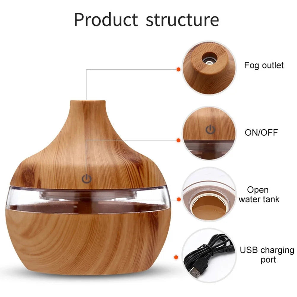 300ml Wood Grain Humidifier 7 Colors Aroma Diffuser Atomizer USB Household Humidifier Hydrating Instrument Desktop Humidifier
