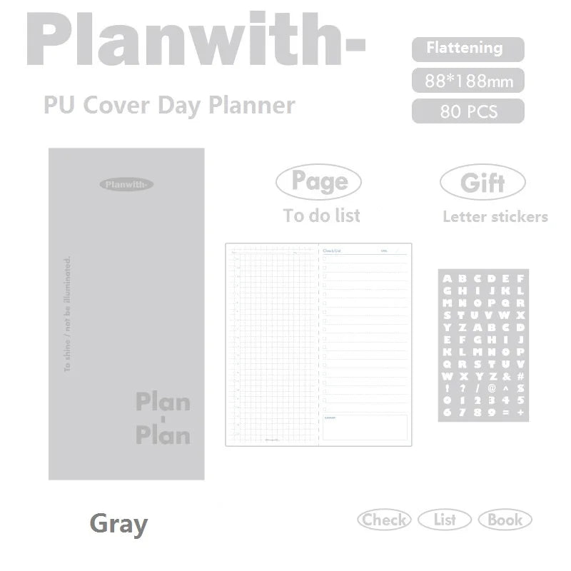 Planwith Kawaii Notebook Daily Planner Portable PU Soft Cover Agenda Working Time Plan Schedule Self Filled Date Learning