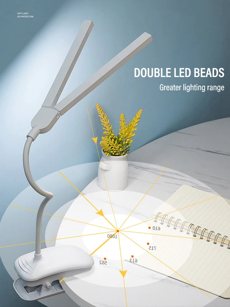 LED Double-headed Reading Table Lamp with Clip Touch Control Dimmable Light Eye Protection for Bedroom Dormitory Study Office