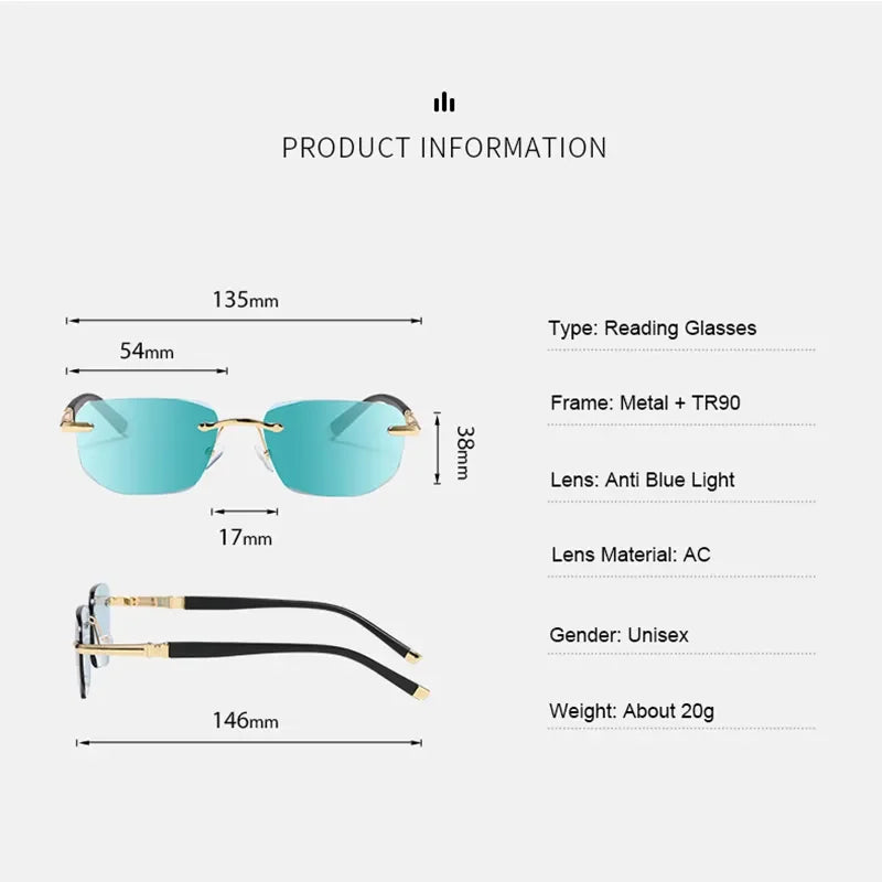 Óculos de leitura sem aro anti-luz azul, óculos filtrantes unissex para presbiopia, corte de diamante elegante, mulheres e homens