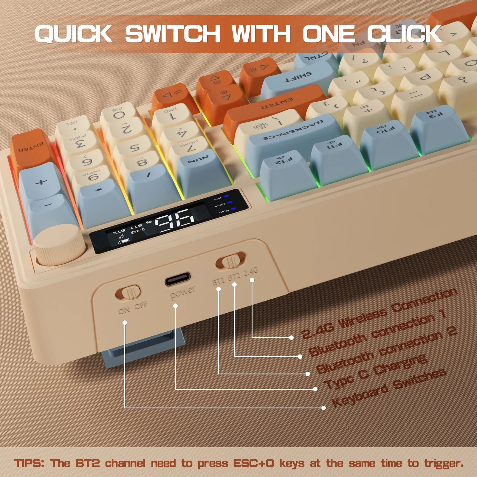 ZIYOU LANG Wireless Gaming Keyboard with Display Screen & Knob, Bluetooth/2.4GHz Quiet Membrane Keyboard, 3000mAh Rechargeable