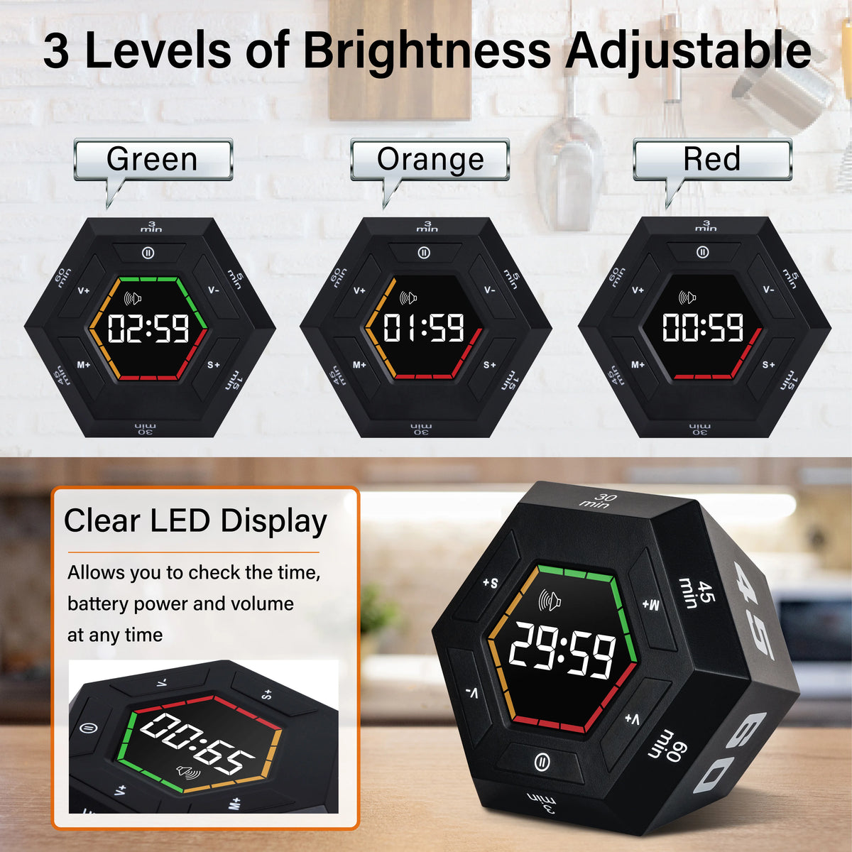 Magnetic Smart Productivity Kitchen Timer Digital Study Pomodoro Cooking Timers Hexagon Visual Flip Timer for kids
