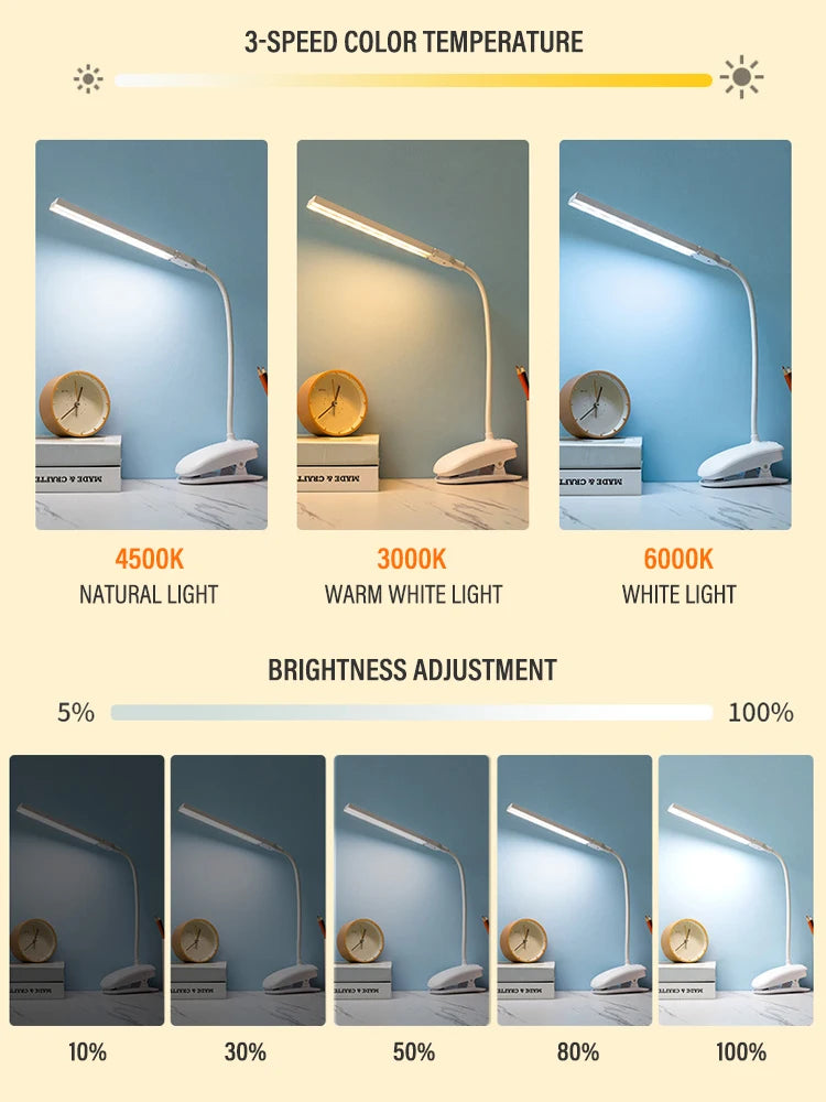 LED Double-headed Reading Table Lamp with Clip Touch Control Dimmable Light Eye Protection for Bedroom Dormitory Study Office