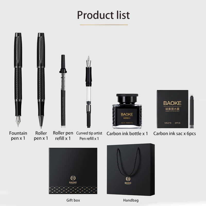 BAOKE T18/T19/T20 Black Grey Fountain Pen Gift Set, Includes Ink Bottle, 6 Cartridges, Exquisite Package, Smooth Writing Pens