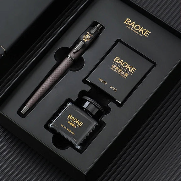 BAOKE T18/T19/T20 Black Grey Fountain Pen Gift Set, Includes Ink Bottle, 6 Cartridges, Exquisite Package, Smooth Writing Pens