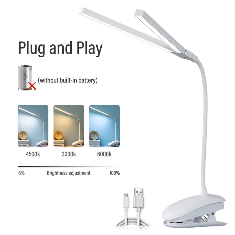 LED Double-headed Reading Table Lamp with Clip Touch Control Dimmable Light Eye Protection for Bedroom Dormitory Study Office